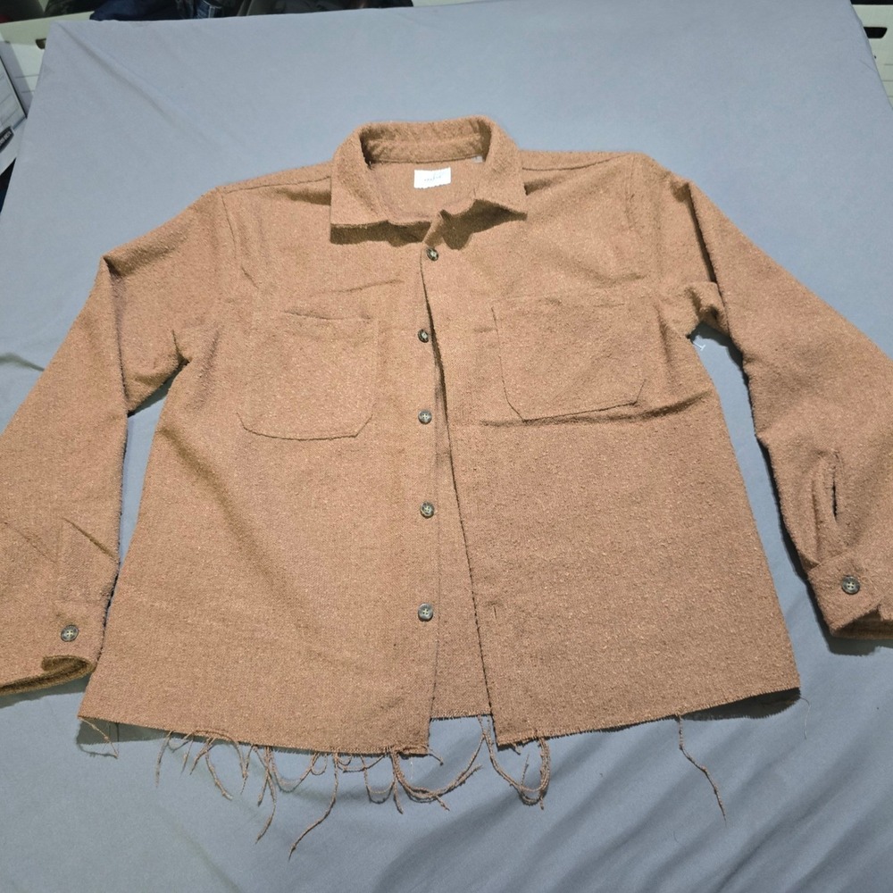 PacSun‎ Button Up Shirt Mens Large Brown Boucle Frayed Hem Pockets